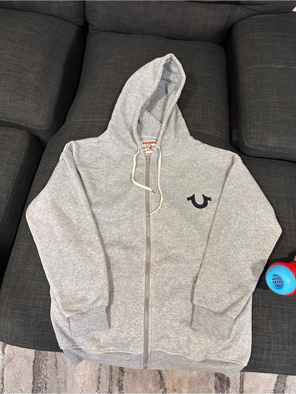 True Religion Light Grey Full-Zip Hoodie with Horseshoe Logo